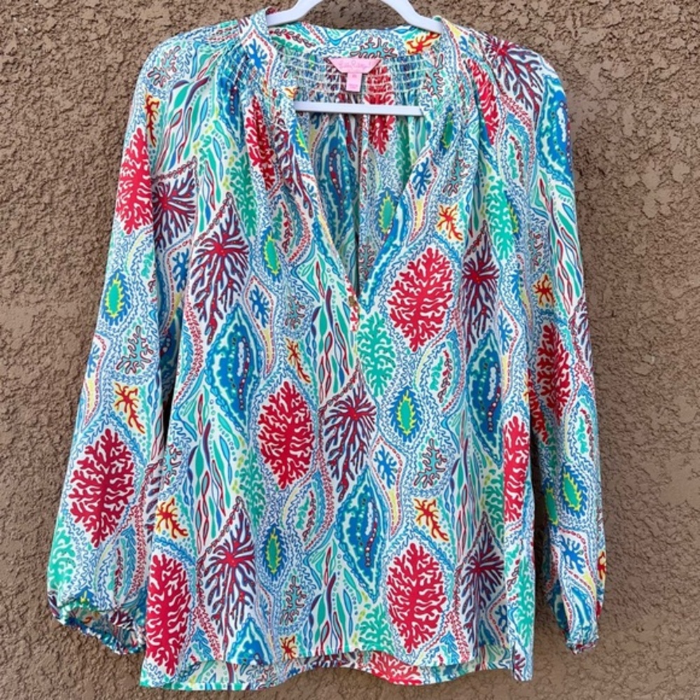 Lilly Pulitzer Shirt Blouse Womens XS 100% Silk Multicolor‎ Geometric Elsa Top